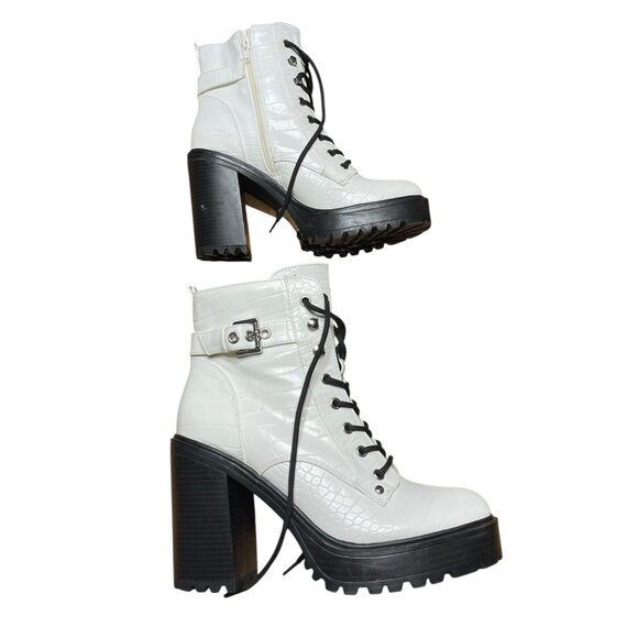 CBG Los Angeles White Croc-Embossed Lace-Up Platform Boots 10M Faux Leather - Picture 10 of 12